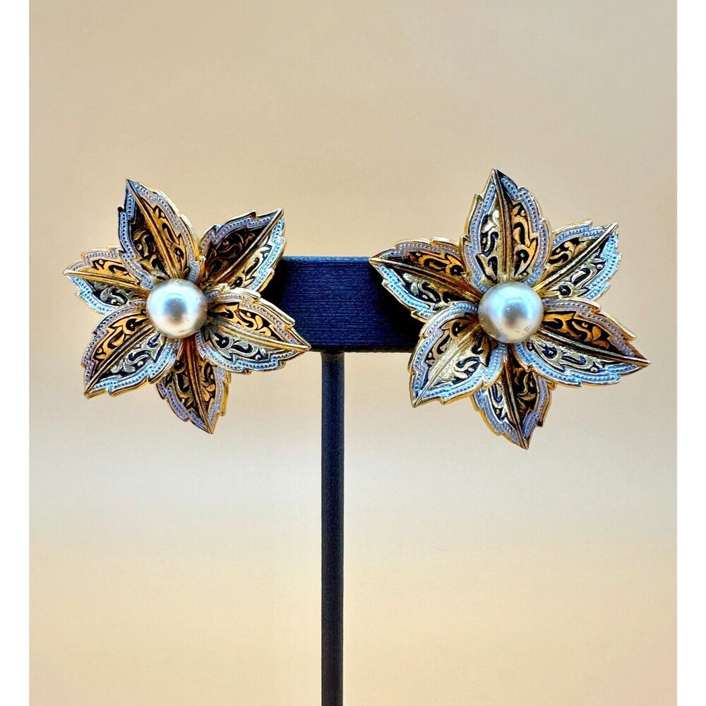 Vintage Damascene Flower Earrings Dimensional 3D Faux Pearl Clip On Gold Tone